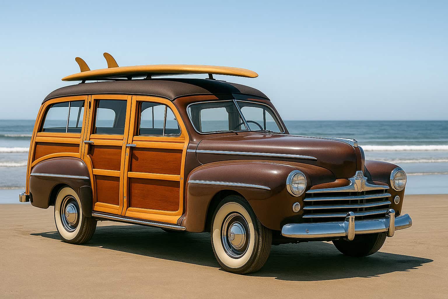 A classic 1940s Ford Woodie wagon at sunset by the California coast with surfboards on top, symbolizing nostalgia and craftsmanship.