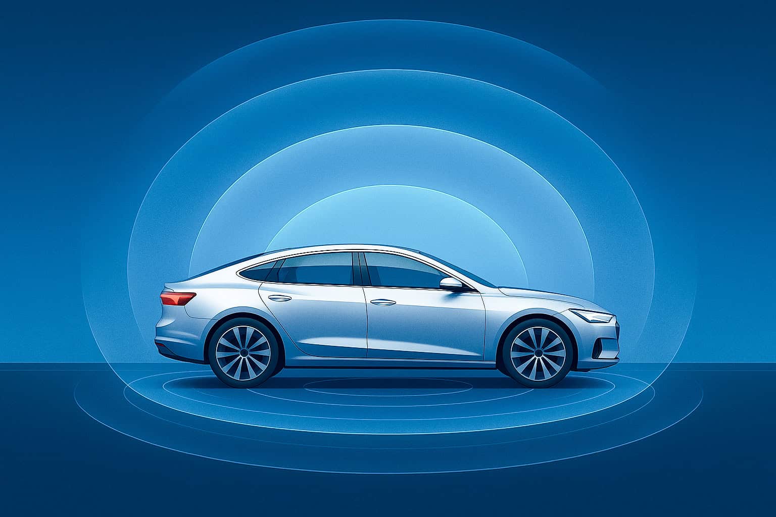 Side view of a silver EV with concentric blue sensing waves radiating outward, representing virtual crumple zones and advanced driver awareness technology.