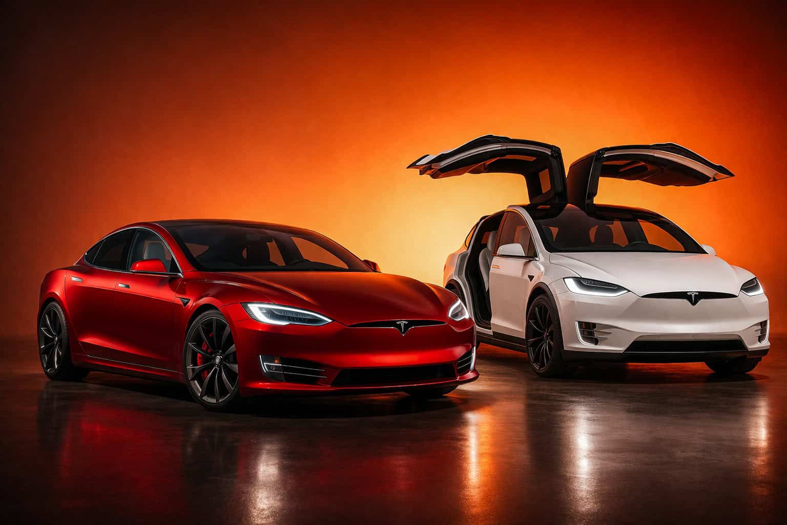 Tesla Model S and Model X studio tribute image with falcon wing doors open